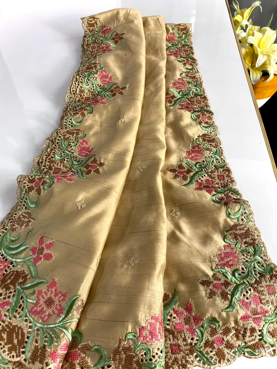 Pure Tussar Silk Saree with Cut-Work Design